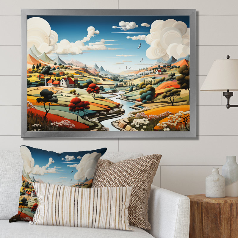 De Stijl Style County Side - impressions sur toile campagne, Cadre simple argenté, H 16 po x l 32 po x P 1 po