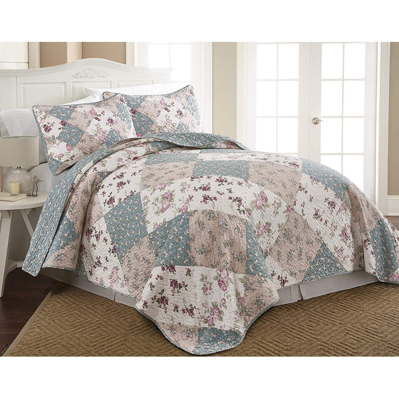 Queen White Cotton Reversible Floral Patchwork Quilt Set