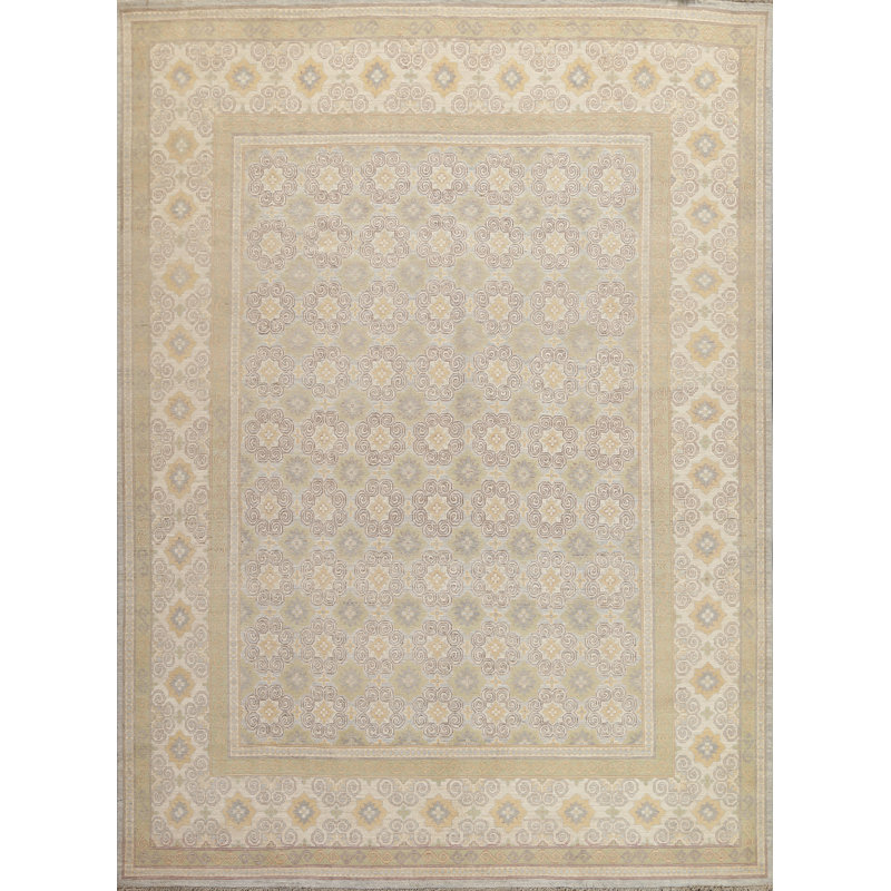 Tapis beige en laine noué à la main de conception unique 7 pi 10 po x 9 pi 9 po