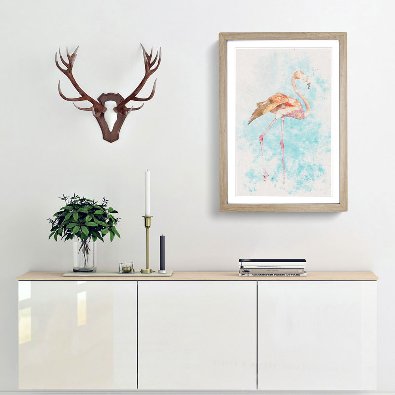 Flamingo Bird Watercolour - Picture Frame Graphic Art, Oak Framed, 33cm H x 24cm W x 2cm D