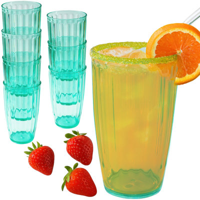 21 oz Teal Ribbed Cups – Set of 8 Acrylic Drinking Glasses – Reusable Tumbler Cups for Iced Coffee, Cocktails, Lemonade, Water – BPA-Free Drinkware for Kitchen, Pool, or Patio