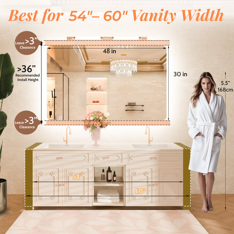 Frameless Backlit LED Lighted, 3 Colors Temperature Dimmable Light, Tempered Glass Bathroom Vanity Mirror With UL Rohs ETL & 3-Year Warranty