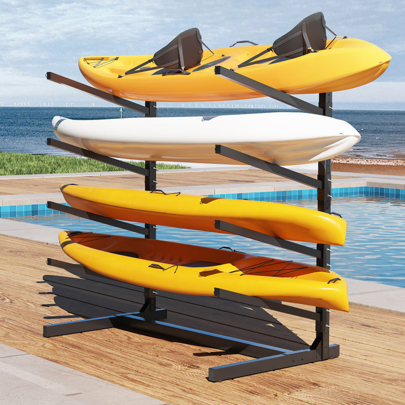 Support de rangement autoportant noir à 4 niveaux pour kayaks et canoës, support de rangement robuste en acier résistant aux intempéries avec accoudoirs réglables, support pour kayaks, SUP et planches à aubes, H 80 po
