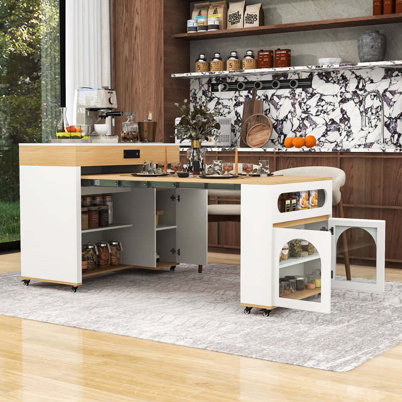 Extendable Kitchen Cart with Folding Top, Dining Table, Built-In Power Outlet and Locking Casters, White/Natural Wood