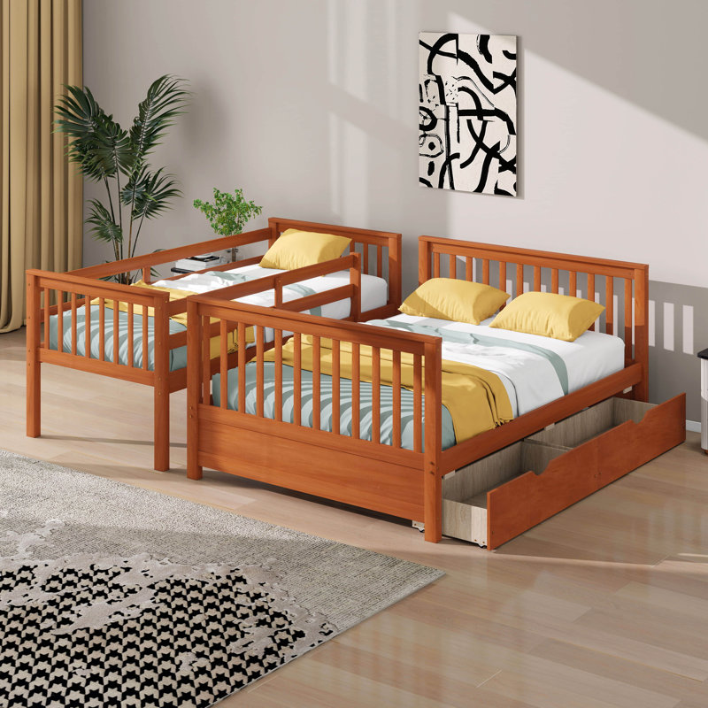 Twin Over Full Bunk Bed With Two Storage Drawers, Convertible Into 2 Beds, Solid Wood Bunk Bed With Ladder And Guardrails