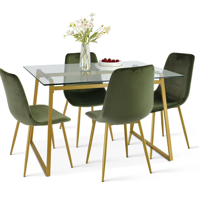 Ensemble de table de salle à manger 4 personnes Lastrup avec table rectangulaire de 47 po et 4 chaises rembourrées dorées