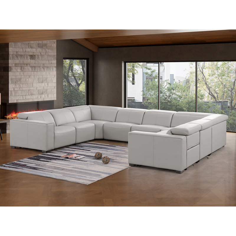Luxurious 8-Piece U-Sectional In Genuine Leather With 2 Power Recliners With Power Headrests, Light Gray