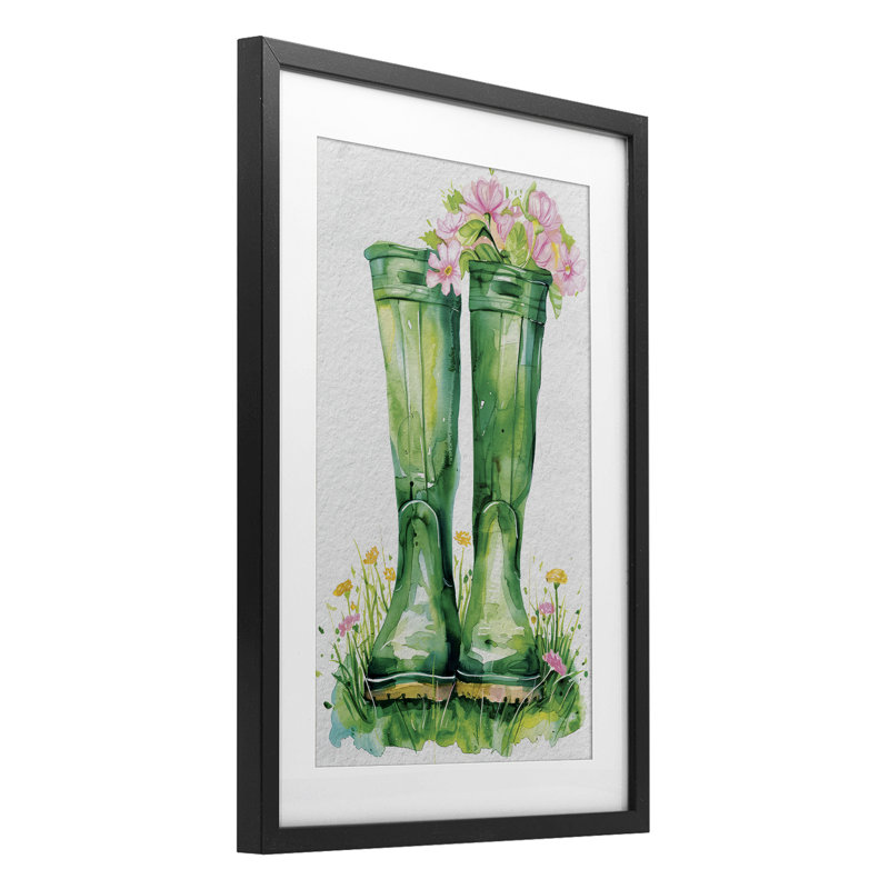 «Stupell Industries Spring Blooms Green Rainboots Under Glass», art mural encadré par Daisy A., Cadre noir minuit