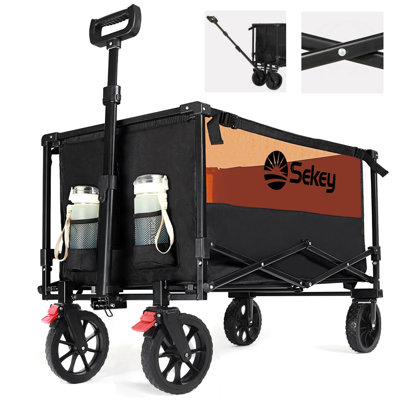 Chariot pliable pliable Sekey avec une capacité de poids de 330 lb, chariot de jardin pliant robuste avec de grandes roues tout-terrain et des porte-boissons. Noir et orange