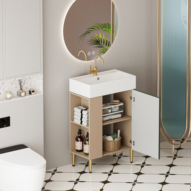 Meuble-lavabo de 21,6 po avec lavabo et porte en céramique, rangement à gauche pour tablette ouverte, lavabo pour vestiaire 24Vb06-21Lvl, armoire, rangement pour