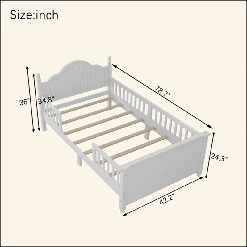 Lit pour enfants, lit plateforme simple en bois avec tête et pied de lit, Blanc