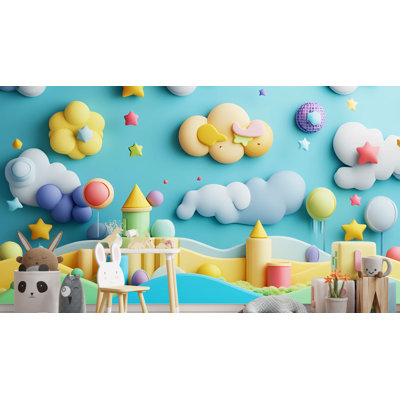 Whimsical Cartoon Village Mural – Cloud And Star Wallpaper For Daycare, Play Area Or Toddler Room - Peel And Stick