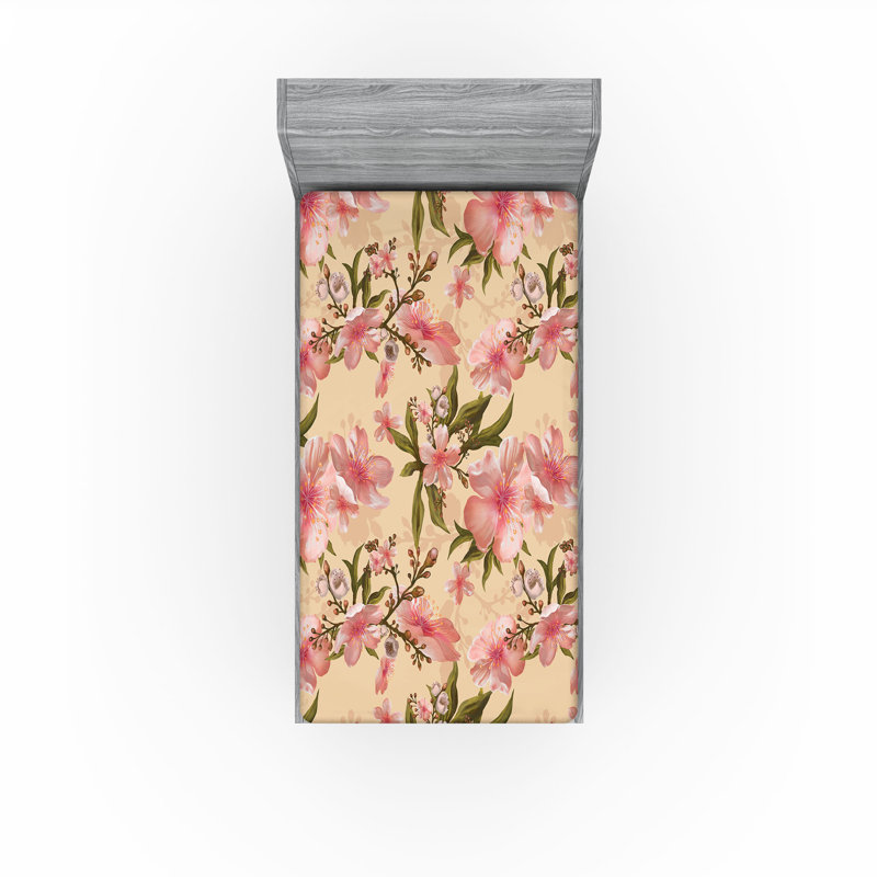 Drap-housse à motif floral Ambesonne, Drap-housse de taille simple, Pêche, corail, fauve / floral