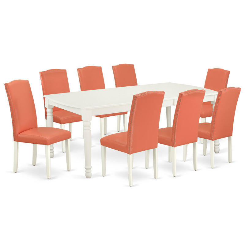Cet ensemble de salle à manger 9 pièces comprend une table de salle à manger rectangulaire avec feuille papillon et 8 chaises rembourrées en similicuir flamant rose, blanc lin