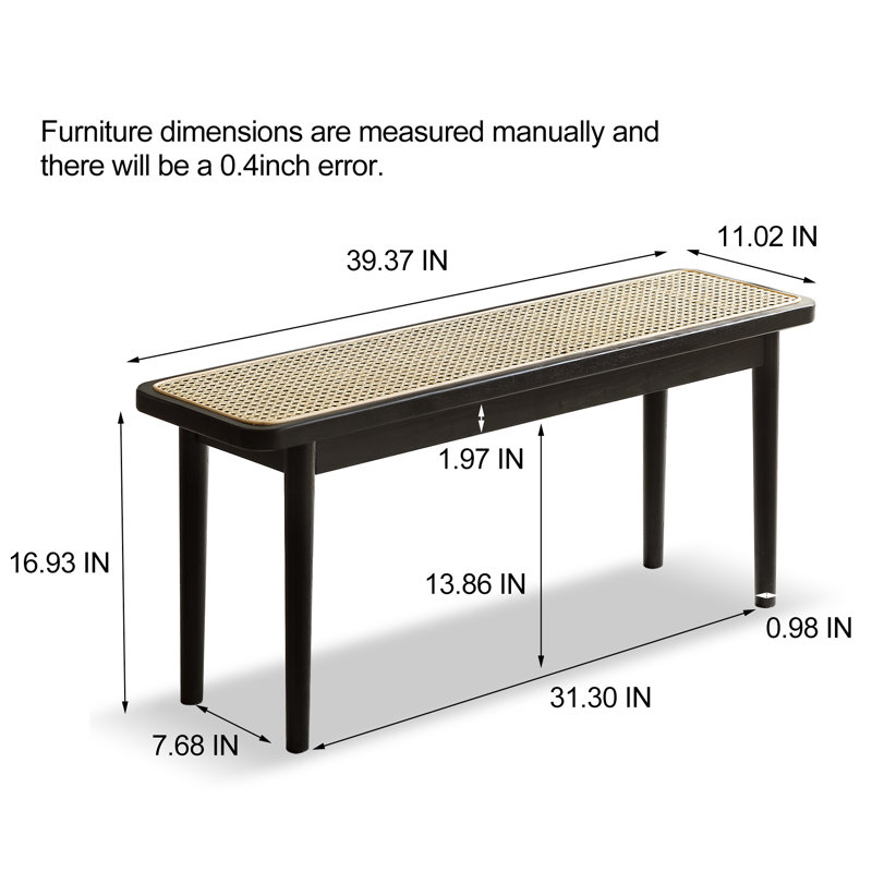 Modern Style Black Color Solid Oak Wood Dining Bench With Rattan Detail, 16.93" H x 39.37" W x 11.02" D