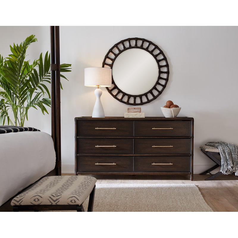 Contemporary Round Wood and Rope Wall Mirror