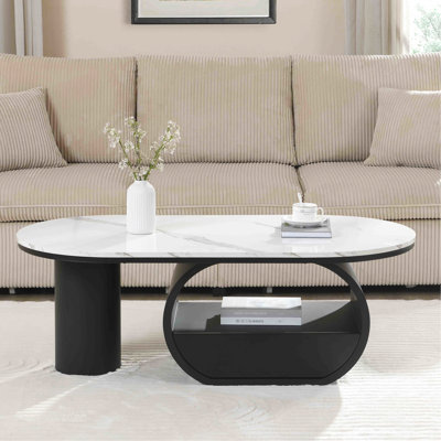 46,72 po, table basse ovale, plateau en faux marbre, tiroir de rangement, centre de table en métal noir, espace de vie, pieds réglables, structure stable, pièce, construction, bon emballage