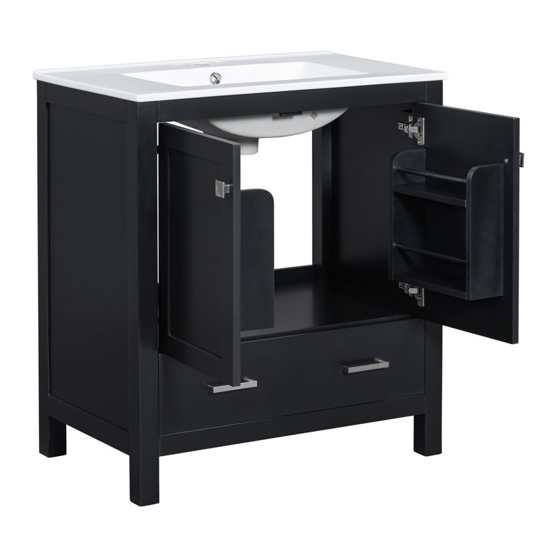 Meuble-lavabo simple de 30 po avec lavabo sous-comptoir noir, armoire de rangement autoportante avec cadre en bois massif, 2 portes et 1 tiroir, quincaillerie à fermeture en douceur pour la salle de bain et la salle d'eau des invités