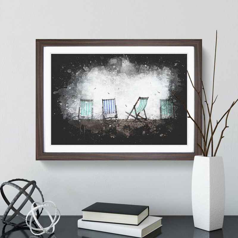 Deckchairs On Brighton Beach Paint Splash - Framed Print, 62cm H x 87cm W x 2cm D, Walnut Framed