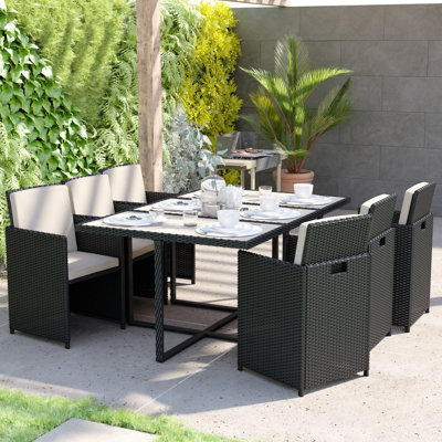 7 Piece Outdoor Patio Dining Set with Acacia Table & 6 Wicker Chairs by Latitude Run