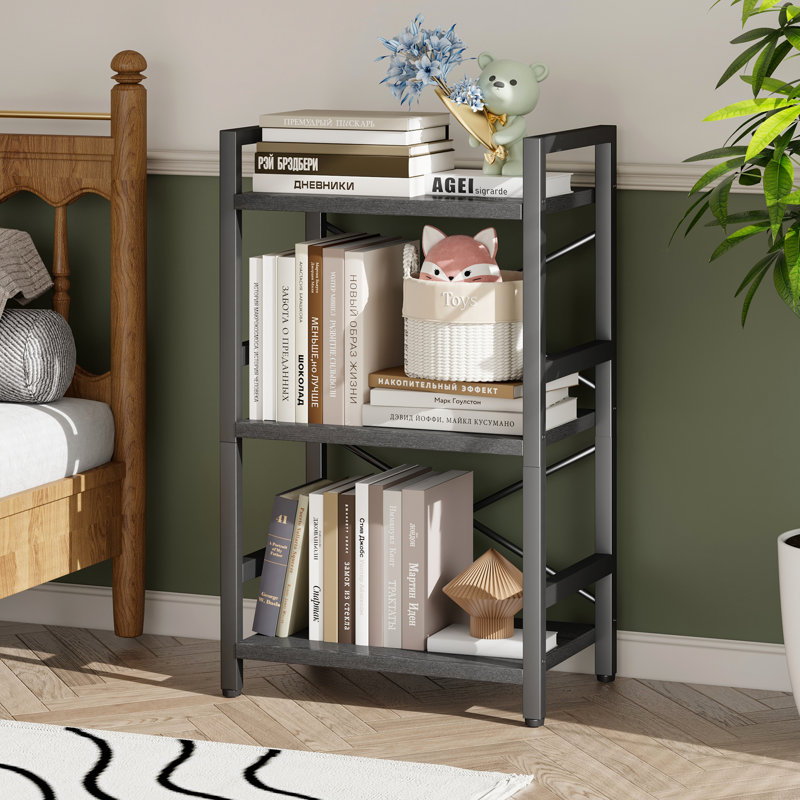 3 Tier Bookshelf, 3 Tier Industrial Bookcase, Metal Small Bookcase, Rustic Etagere Book Shelf Storage Organizer for Living Room, Bedroom, and Home Office(Rustic Brown)