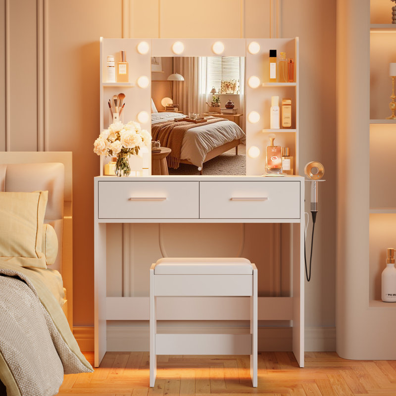 31.5" Makeup Vanity Set with Vanity Stool, 3-Color LED Mirror, Power Outlet, Hair Dryer Holder, 2 Drawers, Yes, White