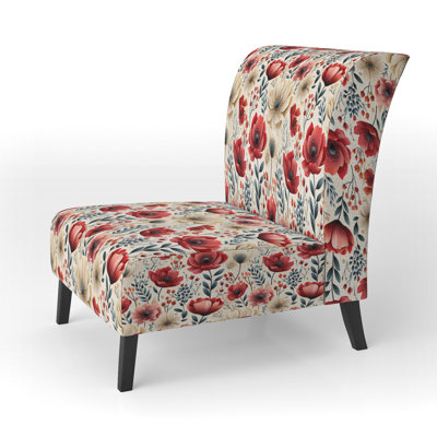 Watercolor Poppies Red And White Floral Pattern - Upholstered Farmhouse Slipper Chair, Rustic Floral Accent Chair