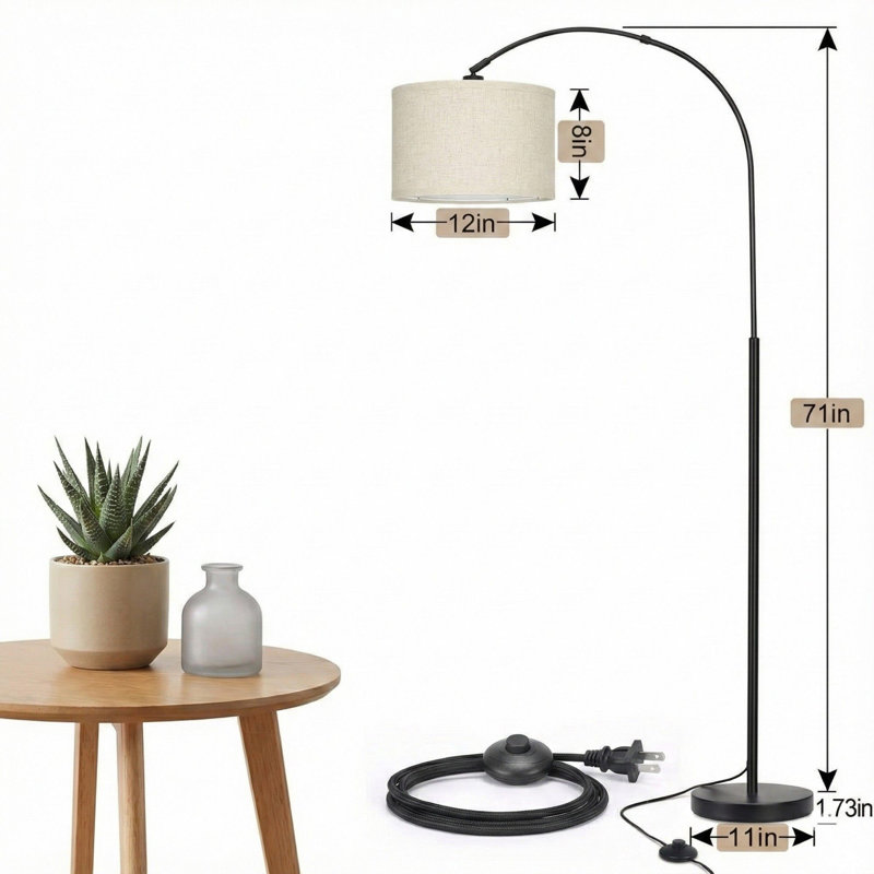 Arc Floor Lamps For Living Room, Modern Standing Lamp With Adjustable Hanging Drum Shade, Tall Pole Lamp With Foot Switch, Over Couch Arched Reading Light For Bedroom, Office (Black)