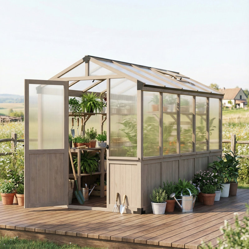 6 Ft. X 10 Ft. Wooden Greenhouse,Cedar Wood And Polycarbonate Walk-In Outdoor Greenhouse
