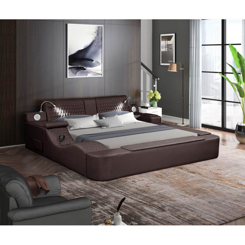 Mayuzi Multi Functional Smart Bed with Upholstered Frame, Massage Chair, Bluetooth Speakers, and Reading Lights, Brown, Queen