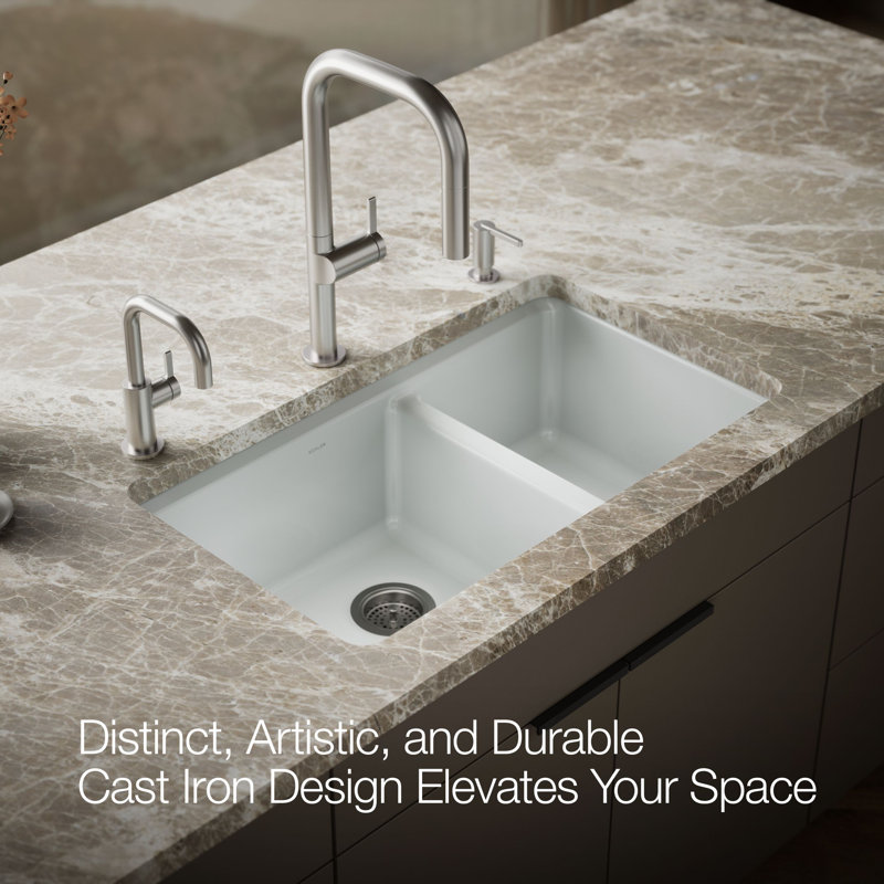 Riverby 33" Enameled Cast Iron Undermount Double Basin Kitchen Sink, Ice Gray