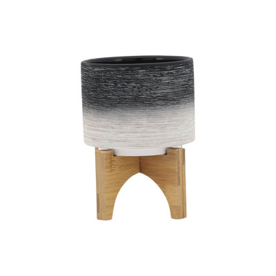 CERAMIC 5" PLANTER ON WOODEN STAND, GRAY