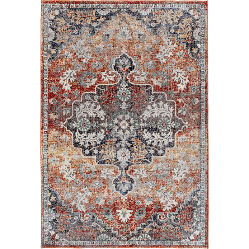 Tapis rouge / brun / gris tissé à la machine Selig, Rectangle 9 pi 10 po x 12 pi 10 po