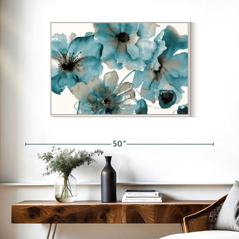 Teintes bleu sarcelle, 37 po x 25 po, Cadre flottant blanc