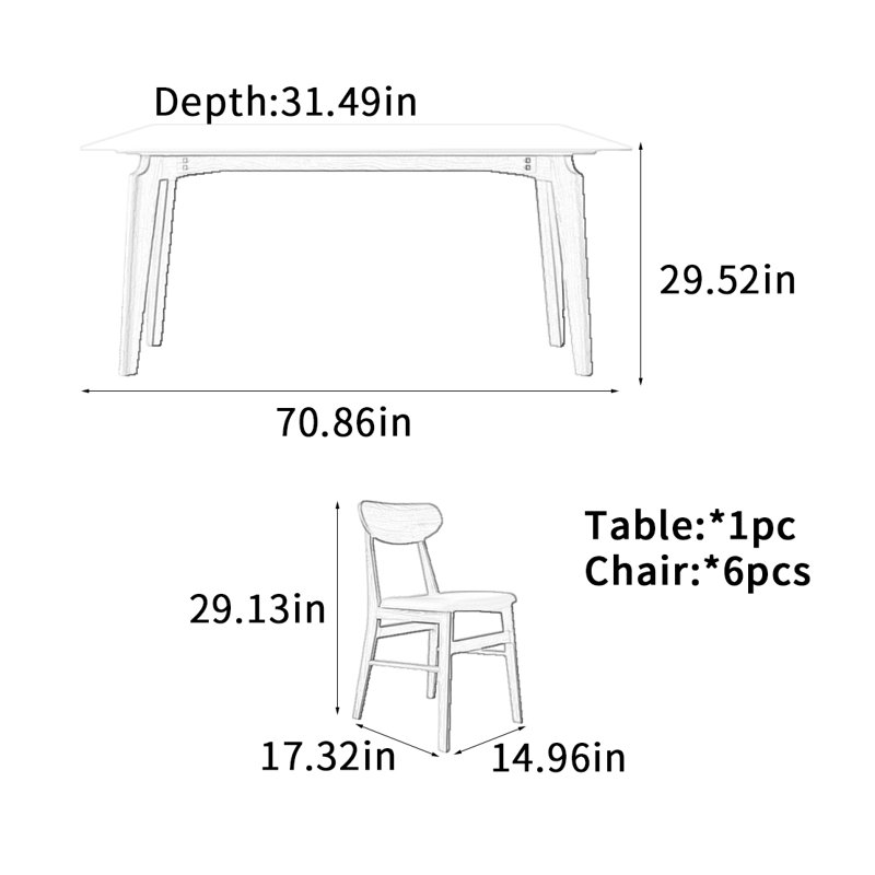 Table de salle à manger en bois de frêne ardoise, H 29,52 po x L 70,86 po x l 31,49 po