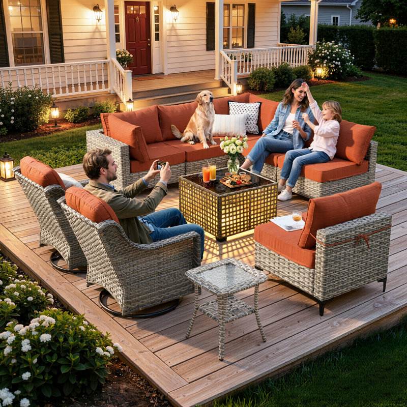 10- Piece Outdoor Patio Furniture Set, All - Weather Wicker Swivel Chairs with Thick Padded Cushions, Sectional Sofa, Coffee Table & Side Table for Garden, Backyard & Patio