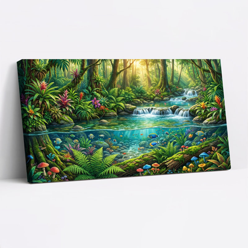 Ensemble de 1 tableau sur toile tendue représentant un ruisseau dans une forêt tropicale humide avec une scène sous-marine