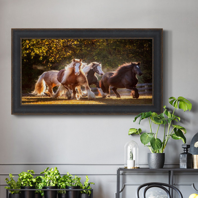 «Mullenix Sunlit Horses III», reproduction d'art sur toile simple encadrée, H 21 po x l 37 po x P 2,5 po