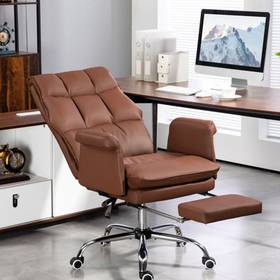Fauteuil de bureau ergonomique en similicuir avec repose-pieds, inclinable et pivotant, brun. Siège réglable de 19,7 po à 22,8 po, inclinaison du dossier à 155 po, roues pivotantes, rembourrage en mousse souple, structure en acier, facile à
