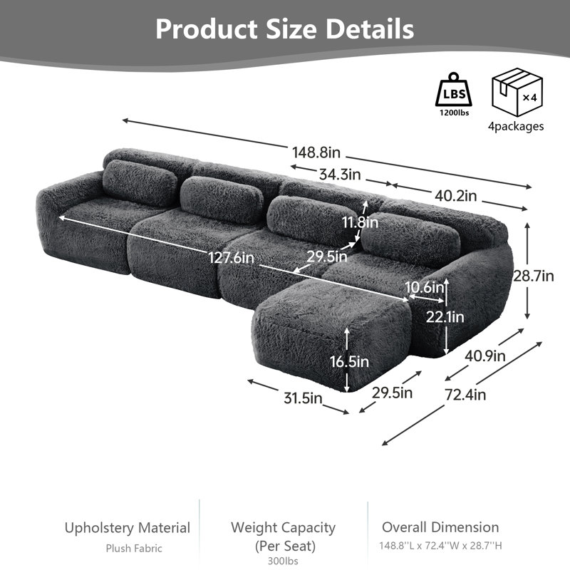 Canapé modulaire en L doux et moelleux en tissu moelleux modulaire avec éponge haute densité 32D, connexion par le bas et la boucle antidérapante, aucun canapé 4 places requis