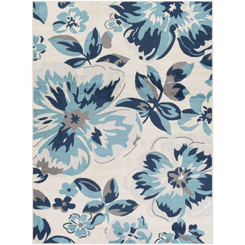 Tapis bleu marine à motif floral Bluebelle, Rectangle 5 pi 3 po x 7 pi 1 po
