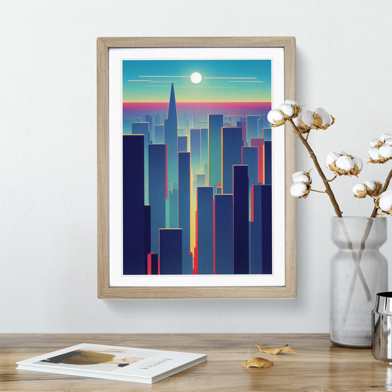 Serene City Skyline No.2 - Framed Print, 34cm H x 25cm W x 2cm D, Oak Framed