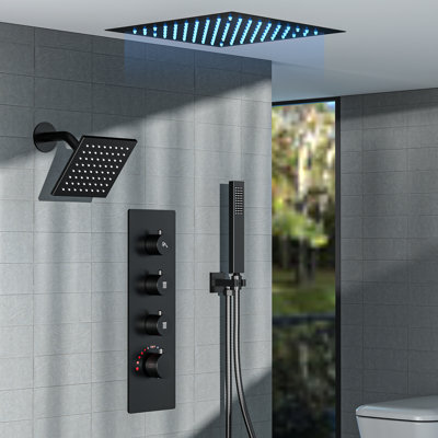 Système de pomme de douche thermostatique double, robinet de pluie à DEL 12 po avec pomme de douche à fixation au plafond et douchette de 6 po