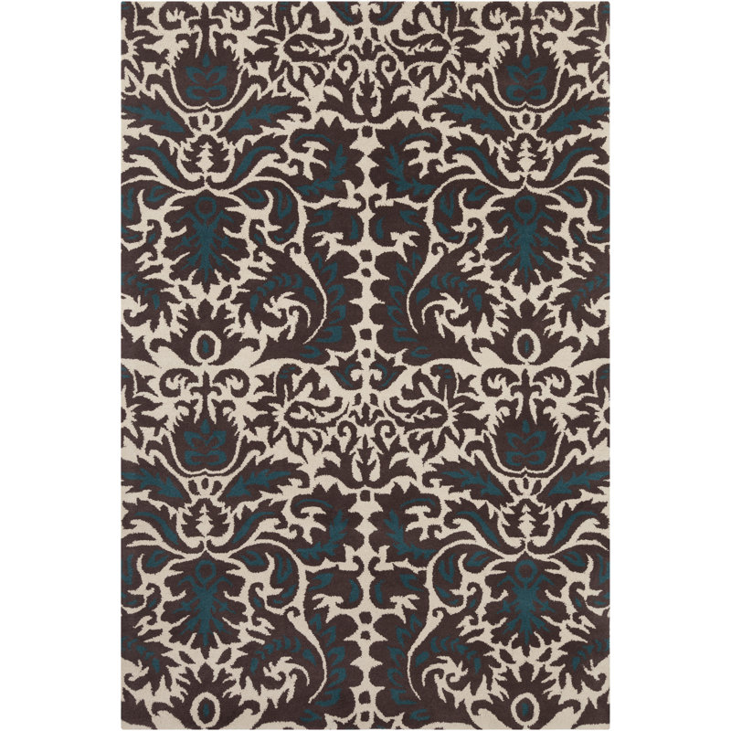Tapis en laine damassé à motif abstrait brun, crème et bleu sarcelle Jethro, Rectangulaire 8 pi x 10 pi