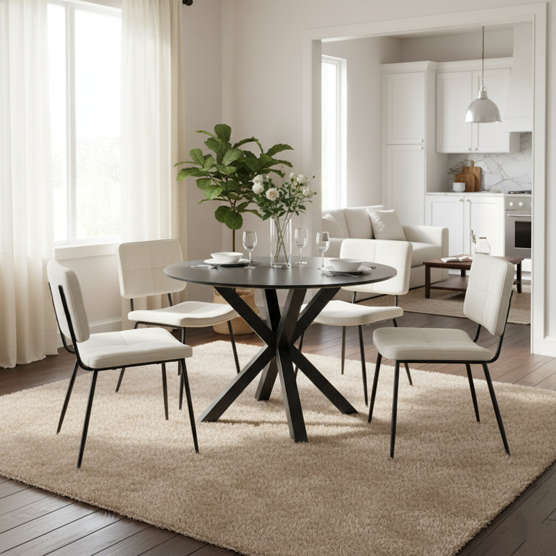 5-Piece Round Dining Table Set For 4, Modern MDF Top With Black Metal Legs And Upholstered Beige Chairs, Mid-Century Kitchen & Dining Room Set