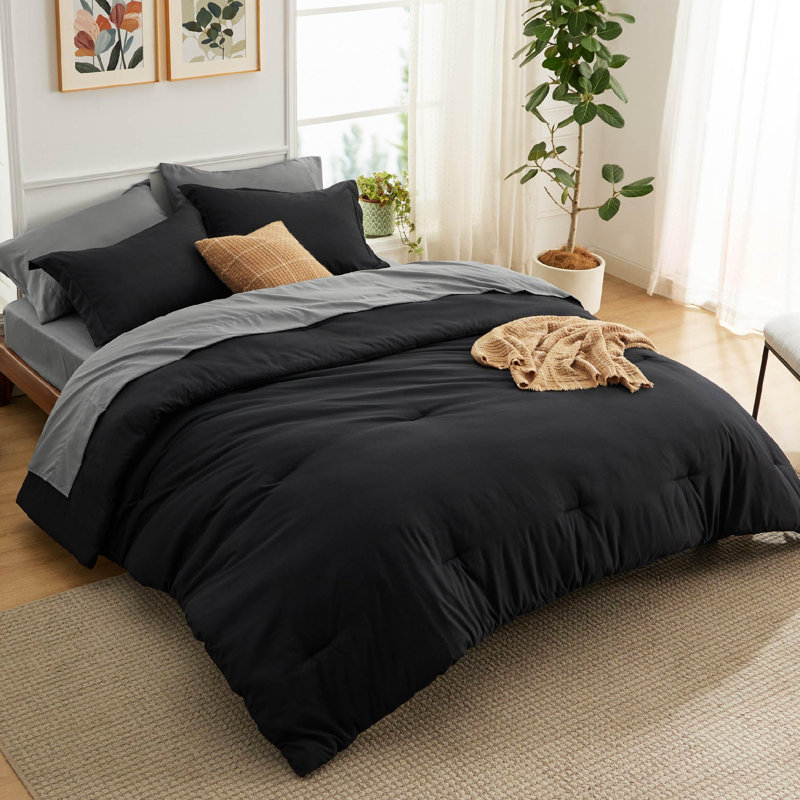 Ensemble d'édredon pour grand lit - Ensemble de literie grand lit noir 7 pièces pour toutes les saisons, lit contrastant de style bohème dans un sac avec édredon, draps, taies d'oreiller et taies décoratives