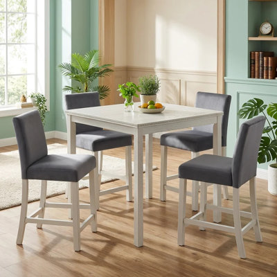 5 Piece Counter Height Table Set, Wooden Kitchen Table Set with Square Table and 4 Upholstered Chairs, Counter Height Dining Table with Crystal Decora