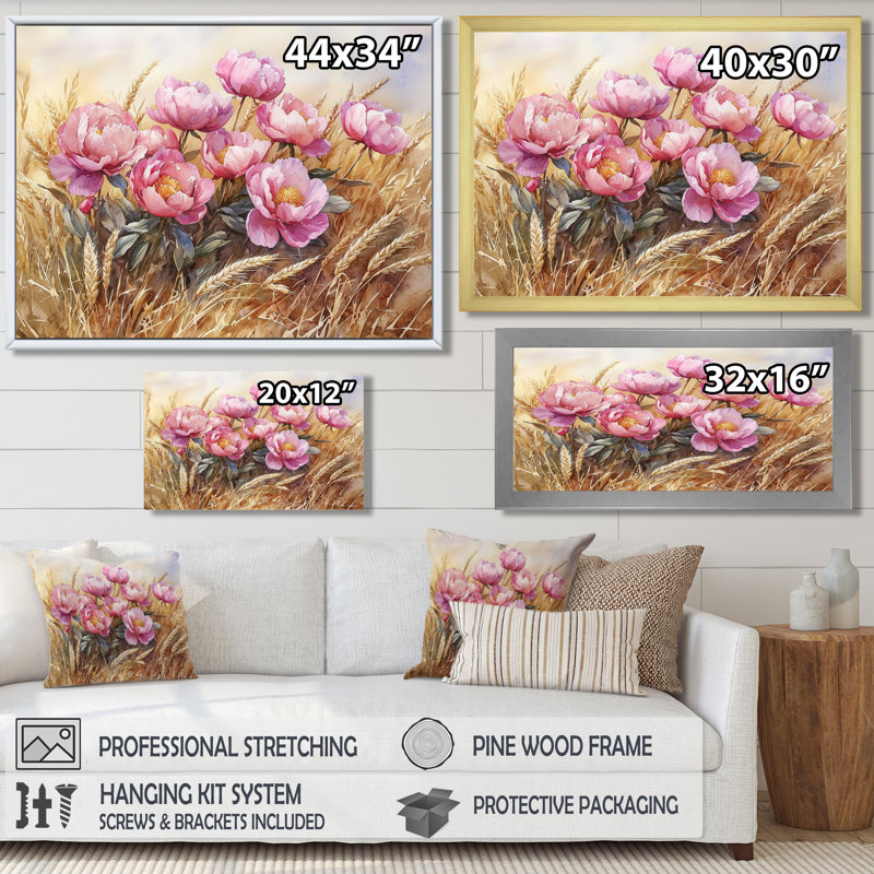 Ikisha pivoines dans le champ de blé II - pivoines, art mural, Reproduction encadrée d'une seule photo, H 30 po x l 40 po