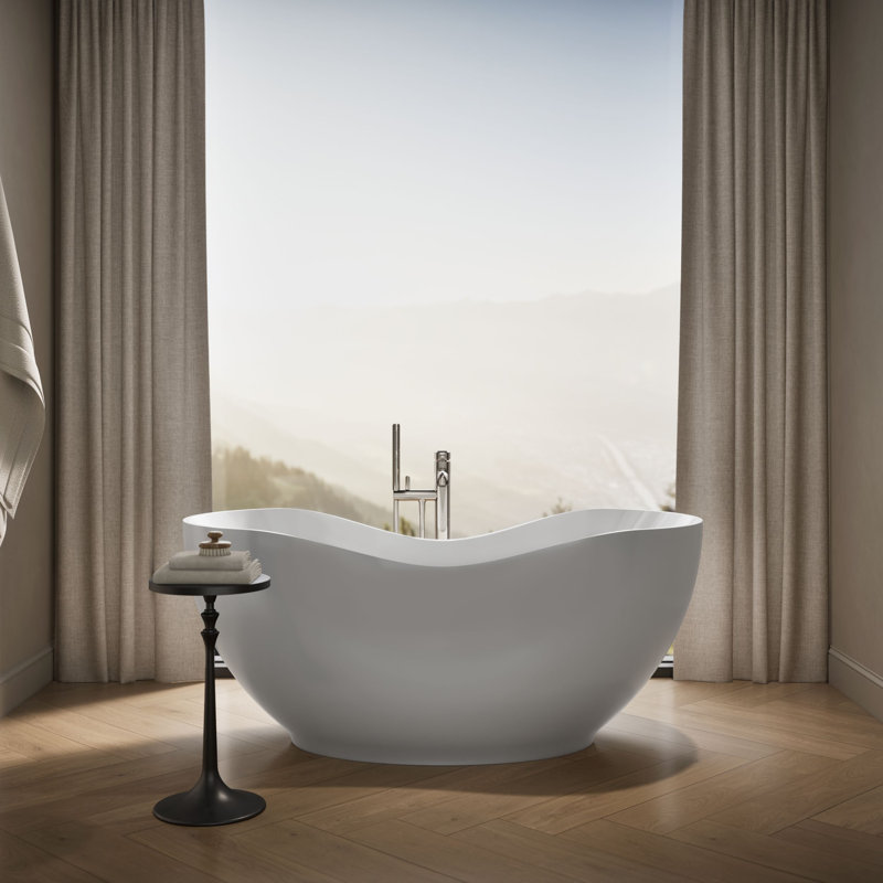 Abrazo 66-in X 32-in Freestanding Bath with Center Toe-Tap Drain, Blanc