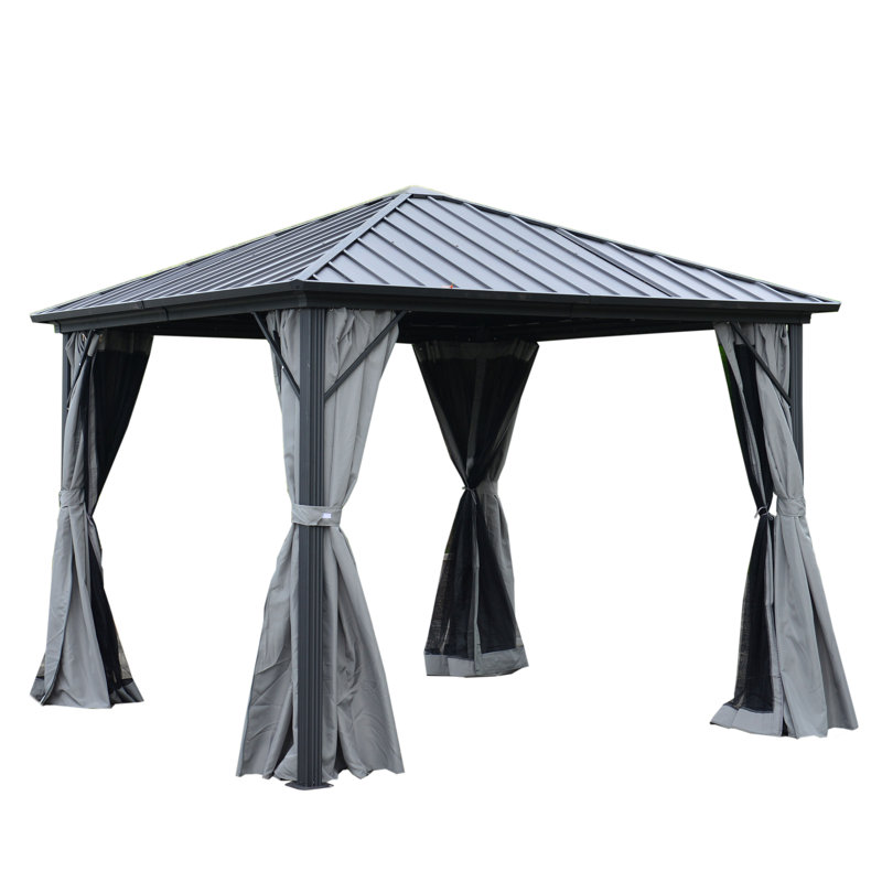 10 pi. L 10 pi. D Pavillon de jardin en aluminium et acier avec rideaux et moustiquaire